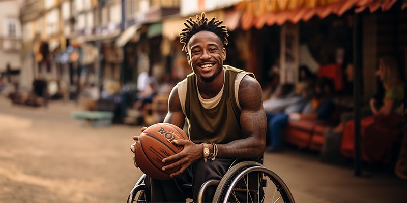 Athlète en fauteuil avec un ballon de basketball